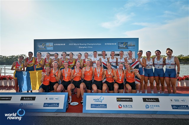 Linn Van Aanholt (b), Nika Johanna Vos, Lisanne Van Der Lelij, Vera Sneijders, Hermijntje Drenth, Ilse Kolkman, Ymkje Clevering, Tinka Offereins (s), Dieuwke Fetter (c), Netherlands, gold, Cristina Druga (b), Roxana Anghel, Iulia-Liliana Balauca, Maria Lehaci, Ancuta Bodnar, Geanina Dumitrita Juncanariu, Adriana Adam, Amalia Beres (s), Victoria Stefania Petreanu (c), Romania, silver, Eleanor Brinkhoff (b), Juliette Perry, Amelia Standing, Martha Birtles, Lauren Irwin, Eve Stewart, Heidi Long, Megan Slabbert (s), Jack Tottem (c), Great Britain, bronze, Womens Eight, 2025 World Rowing Championships, Shanghai, China / © World Rowing / Benedict Tufnell