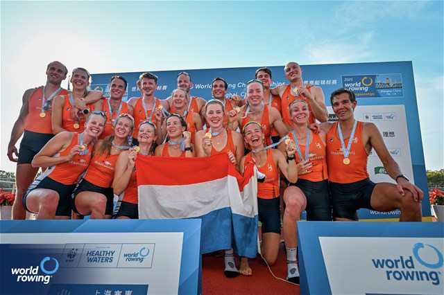 Eli Brouwer (b), Finn Florijn, Wibout Rustenburg, Jorn Salverda, Sander De Graaf, Pieter Van Veen, Jan Van Der Bij, Mick Makker (s), Jonna De Vries (c), Men's Eight, Netherlands, gold, Linn Van Aanholt (b), Nika Johanna Vos, Lisanne Van Der Lelij, Vera Sneijders, Hermijntje Drenth, Ilse Kolkman, Ymkje Clevering, Tinka Offereins (s), Dieuwke Fetter (c), Women's Eight, Netherlands, gold, 2025 World Rowing Championships, Shanghai, China / © World Rowing / Benedict Tufnell