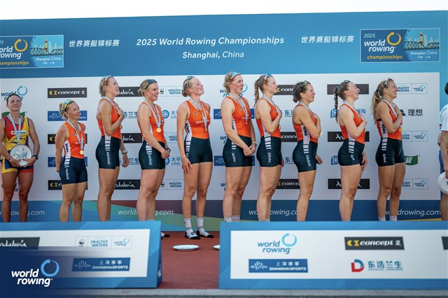 Linn Van Aanholt (b), Nika Johanna Vos, Lisanne Van Der Lelij, Vera Sneijders, Hermijntje Drenth, Ilse Kolkman, Ymkje Clevering, Tinka Offereins (s), Dieuwke Fetter (c), Women's Eight, Netherlands, gold, 2025 World Rowing Championships, Shanghai, China / © World Rowing / Benedict Tufnell
