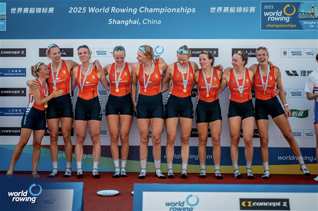 Linn Van Aanholt (b), Nika Johanna Vos, Lisanne Van Der Lelij, Vera Sneijders, Hermijntje Drenth, Ilse Kolkman, Ymkje Clevering, Tinka Offereins (s), Dieuwke Fetter (c), Women's Eight, Netherlands, gold, 2025 World Rowing Championships, Shanghai, China / © World Rowing / Benedict Tufnell