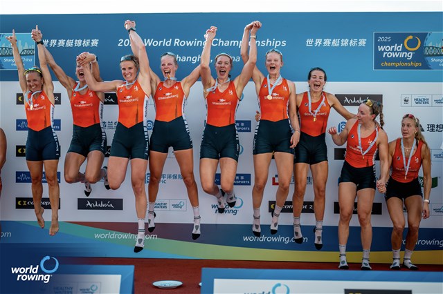 Linn Van Aanholt (b), Nika Johanna Vos, Lisanne Van Der Lelij, Vera Sneijders, Hermijntje Drenth, Ilse Kolkman, Ymkje Clevering, Tinka Offereins (s), Dieuwke Fetter (c), Women's Eight, Netherlands, gold, 2025 World Rowing Championships, Shanghai, China / © World Rowing / Benedict Tufnell