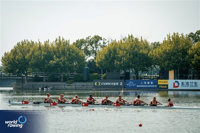 Nina Wettstein (b), Salome Ulrich, Lisa Loetscher, Patrick Brunner, Jonah Plock, Kai Schaetzle, Maurin Lange, Fabienne Schweizer (s), Olivia Nacht (c), Mixed Eight, Switzerland, 2025 World Rowing Championships, Shanghai, China / © World Rowing / Benedict Tufnell