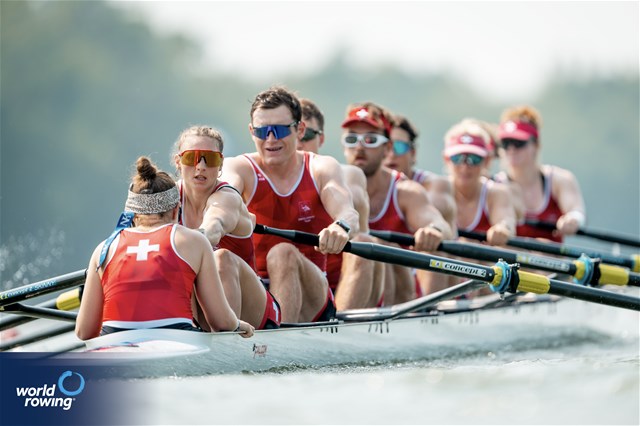 Nina Wettstein (b), Salome Ulrich, Lisa Loetscher, Patrick Brunner, Jonah Plock, Kai Schaetzle, Maurin Lange, Fabienne Schweizer (s), Olivia Nacht (c), Mixed Eight, Switzerland, 2025 World Rowing Championships, Shanghai, China / © World Rowing / Benedict Tufnell