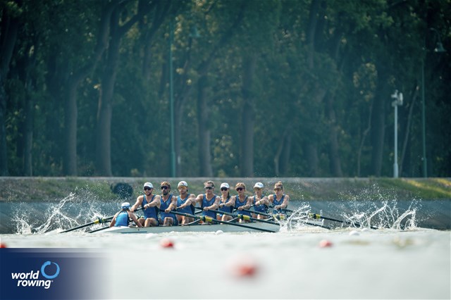 Laura Meriano (b), Elisa Mondelli, Aisha Rocek, Alice Codato, Giacomo Gentili, Nunzio di Colandrea, Giovanni Codato (s), Alessandra Faella (c), Mixed Eight, Italy, 2025 World Rowing Championships, Shanghai, China / © World Rowing / Benedict Tufnell