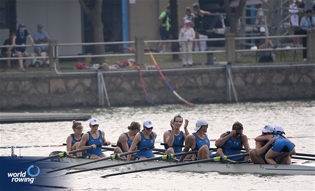 Laura Meriano (b), Elisa Mondelli, Aisha Rocek, Alice Codato, Giacomo Gentili, Nunzio di Colandrea, Giovanni Codato (s), Alessandra Faella (c), Mixed Eight, Italy, silver, 2025 World Rowing Championships, Shanghai, China / © Detlev Seyb / MyRowingPhoto.com
