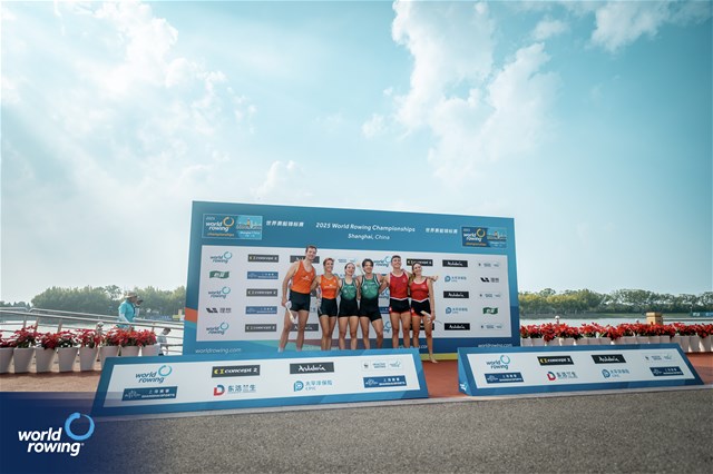 Fintan McCarthy (b), Margaret Cremen (s), Ireland, gold, Roos De Jong (b), Melvin Twellaar (s), Netherlands, silver, Celia Dupre (b), Raphael Ahumada (s), Switzerland, bronze, Mixed Double Sculls, 2025 World Rowing Championships, Shanghai, China / © World Rowing / Benedict Tufnell