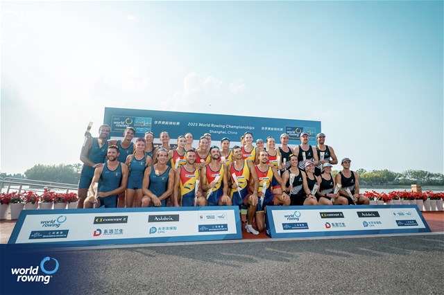 Maria Magdalena Rusu (b), Maria Lehaci, Andrada-Maria Morosanu, Florin Sorin Lehaci, Florin Arteni, Ciprian Tudosa, Stefan Constantin Berariu, Simona Radis (s), Victoria Stefania Petreanu (c), Romania, gold, Laura Meriano (b), Elisa Mondelli, Aisha Rocek, Alice Codato, Giacomo Gentili, Nunzio di Colandrea, Giovanni Codato (s), Alessandra Faella (c), Italy, silver, Isla Blake (b), Juliette Lequeux, Rebecca Leigh, Flynn Eliadis-Watson, Campbell Crouch, Benjamin Taylor, Oliver Welch, Alana Sherman (s), Harrison Molloy (c), New Zealand, bronze, Mixed Eight, 2025 World Rowing Championships, Shanghai, China / © World Rowing / Benedict Tufnell