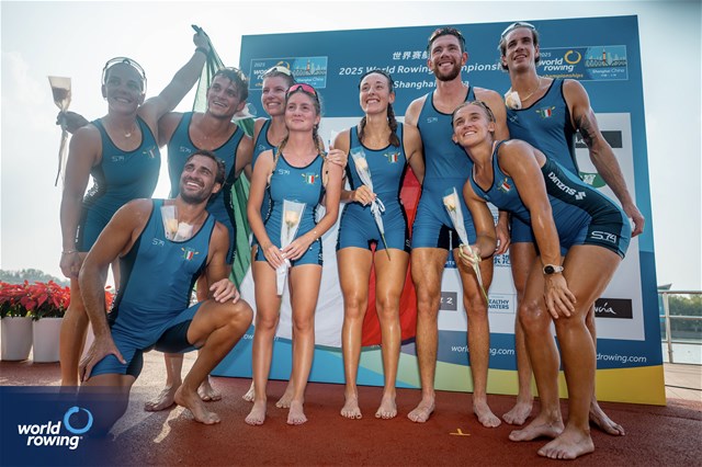 Laura Meriano (b), Elisa Mondelli, Aisha Rocek, Alice Codato, Giacomo Gentili, Nunzio di Colandrea, Giovanni Codato (s), Alessandra Faella (c), Mixed Eight, Italy, silver, 2025 World Rowing Championships, Shanghai, China / © World Rowing / Benedict Tufnell