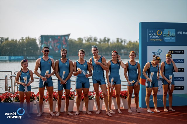 Laura Meriano (b), Elisa Mondelli, Aisha Rocek, Alice Codato, Giacomo Gentili, Nunzio di Colandrea, Giovanni Codato (s), Alessandra Faella (c), Mixed Eight, Italy, silver, 2025 World Rowing Championships, Shanghai, China / © World Rowing / Benedict Tufnell