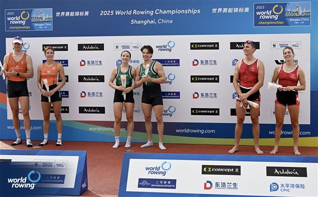 Fintan McCarthy (b), Margaret Cremen (s), Ireland, gold, Roos De Jong (b), Melvin Twellaar (s), Netherlands, silver, Celia Dupre (b), Raphael Ahumada (s), Switzerland, bronze, Mixed Double Sculls, 2025 World Rowing Championships, Shanghai, China / © Detlev Seyb / MyRowingPhoto.com
