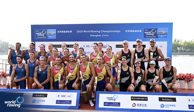 Maria Magdalena Rusu (b), Maria Lehaci, Andrada-Maria Morosanu, Florin Sorin Lehaci, Florin Arteni, Ciprian Tudosa, Stefan Constantin Berariu, Simona Radis (s), Victoria Stefania Petreanu (c), Romania, gold, Laura Meriano (b), Elisa Mondelli, Aisha Rocek, Alice Codato, Giacomo Gentili, Nunzio di Colandrea, Giovanni Codato (s), Alessandra Faella (c), Italy, silver, Isla Blake (b), Juliette Lequeux, Rebecca Leigh, Flynn Eliadis-Watson, Campbell Crouch, Benjamin Taylor, Oliver Welch, Alana Sherman (s), Harrison Molloy (c), New Zealand, bronze, Mixed Eight, 2025 World Rowing Championships, Shanghai, China / © Detlev Seyb / MyRowingPhoto.com