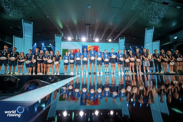 Maria Magdalena Rusu (b), Maria Lehaci, Andrada-Maria Morosanu, Florin Sorin Lehaci, Florin Arteni, Ciprian Tudosa, Stefan Constantin Berariu, Simona Radis (s), Victoria Stefania Petreanu (c), Romania, gold, Laura Meriano (b), Elisa Mondelli, Aisha Rocek, Alice Codato, Giacomo Gentili, Nunzio di Colandrea, Giovanni Codato (s), Alessandra Faella (c), Italy, silver, Isla Blake (b), Juliette Lequeux, Rebecca Leigh, Flynn Eliadis-Watson, Campbell Crouch, Benjamin Taylor, Oliver Welch, Alana Sherman (s), Harrison Molloy (c), New Zealand, bronze, Mixed Eight, 2025 World Rowing Championships, Shanghai, China / © World Rowing / Benedict Tufnell