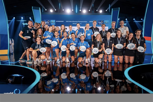 Maria Magdalena Rusu (b), Maria Lehaci, Andrada-Maria Morosanu, Florin Sorin Lehaci, Florin Arteni, Ciprian Tudosa, Stefan Constantin Berariu, Simona Radis (s), Victoria Stefania Petreanu (c), Romania, gold, Laura Meriano (b), Elisa Mondelli, Aisha Rocek, Alice Codato, Giacomo Gentili, Nunzio di Colandrea, Giovanni Codato (s), Alessandra Faella (c), Italy, silver, Isla Blake (b), Juliette Lequeux, Rebecca Leigh, Flynn Eliadis-Watson, Campbell Crouch, Benjamin Taylor, Oliver Welch, Alana Sherman (s), Harrison Molloy (c), New Zealand, bronze, Mixed Eight, 2025 World Rowing Championships, Shanghai, China / © World Rowing / Benedict Tufnell
