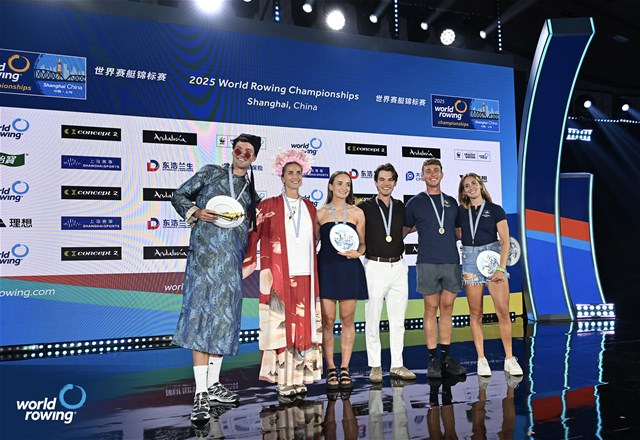 Fintan McCarthy (b), Margaret Cremen (s), Ireland, gold, Roos De Jong (b), Melvin Twellaar (s), Netherlands, silver, Celia Dupre (b), Raphael Ahumada (s), Switzerland, bronze, Mixed Double Sculls, 2025 World Rowing Championships, Shanghai, China / © Detlev Seyb / MyRowingPhoto.com